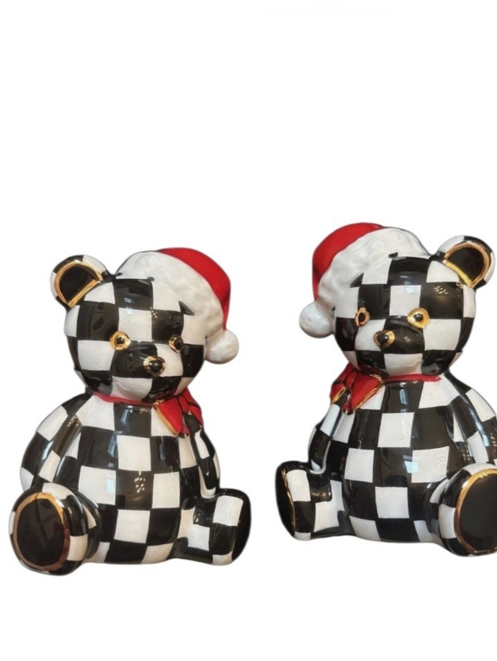 MacKenzie Childs Holiday Collection Checkered Santa Bear Salt & Pepper Set